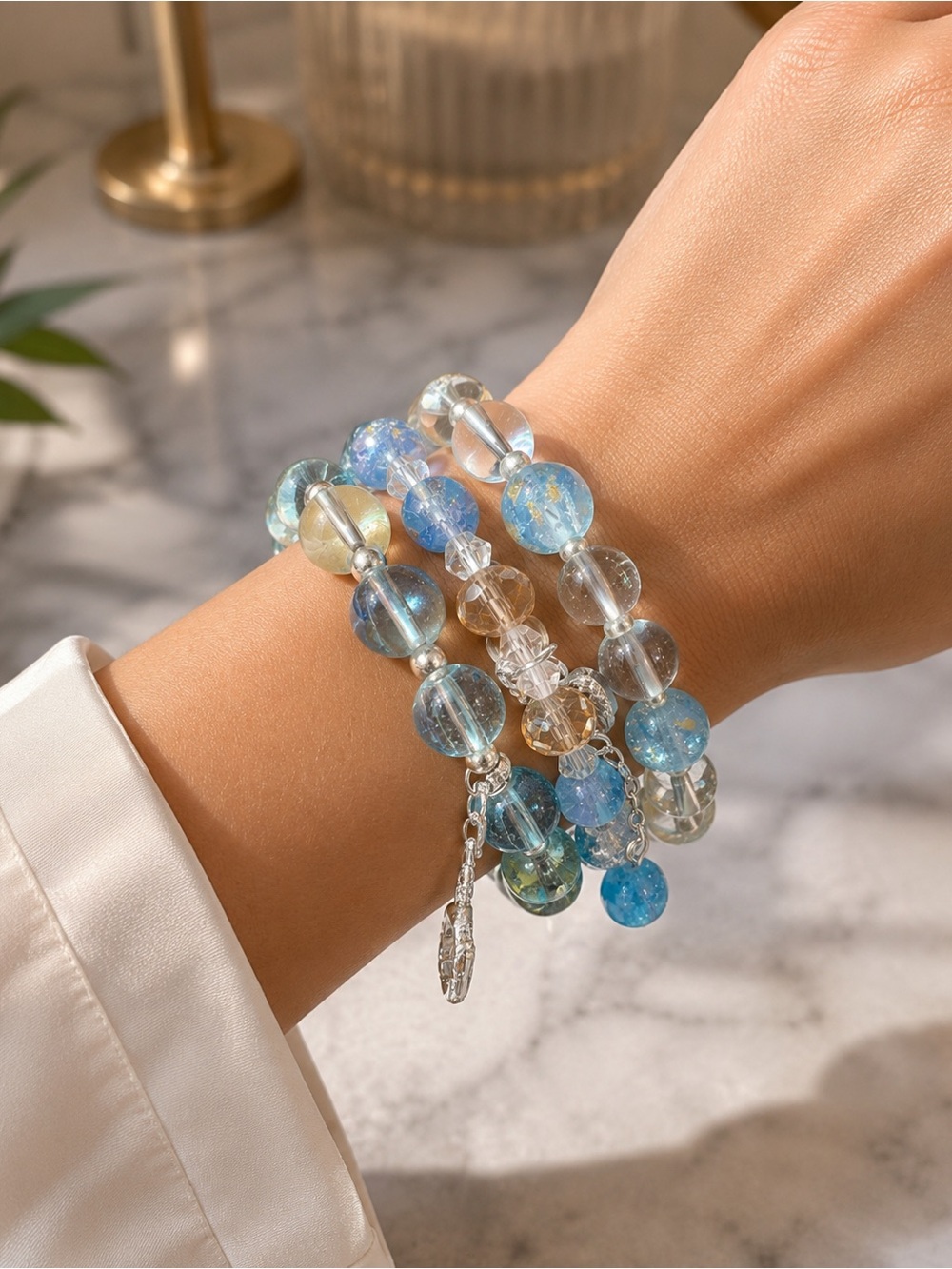 Blue Glass Bead Stretch Bracelet Set - Women Jewelry